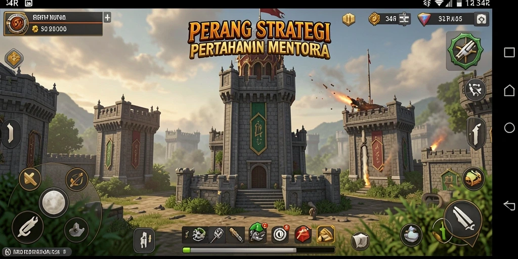 Tangkapan layar 34R menampilkan aksi menara pertahanan yang menegangkan.