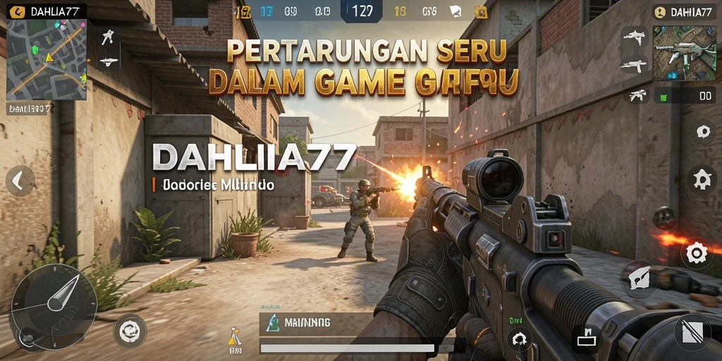 Tampilan gameplay seru DAHLIA77 dengan aksi tembak-menembak.