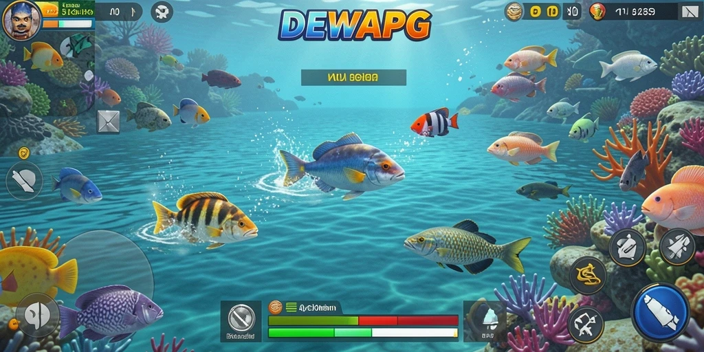 Tampilan screenshot gameplay DEWAPG dengan ikan yang berwarna-warni.