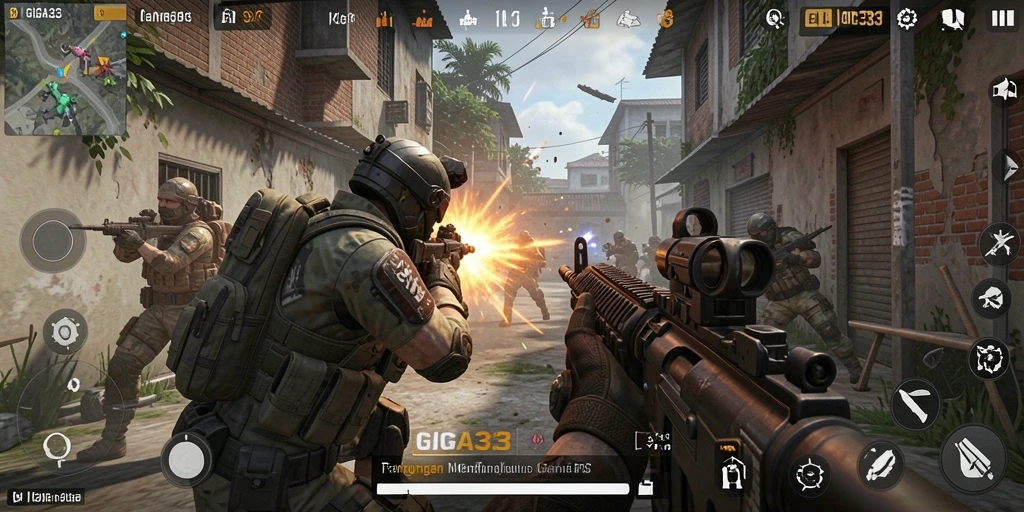 Screenshot menampilkan aksi menegangkan dalam game FPS GIGA33.