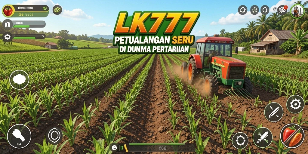 Screenshot gameplay LK777 menampilkan ladang yang subur dan hewan ternak.