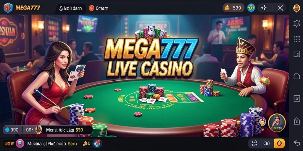 Screenshot MEGA777 yang menunjukkan dealer dan permainan Live Casino yang seru.