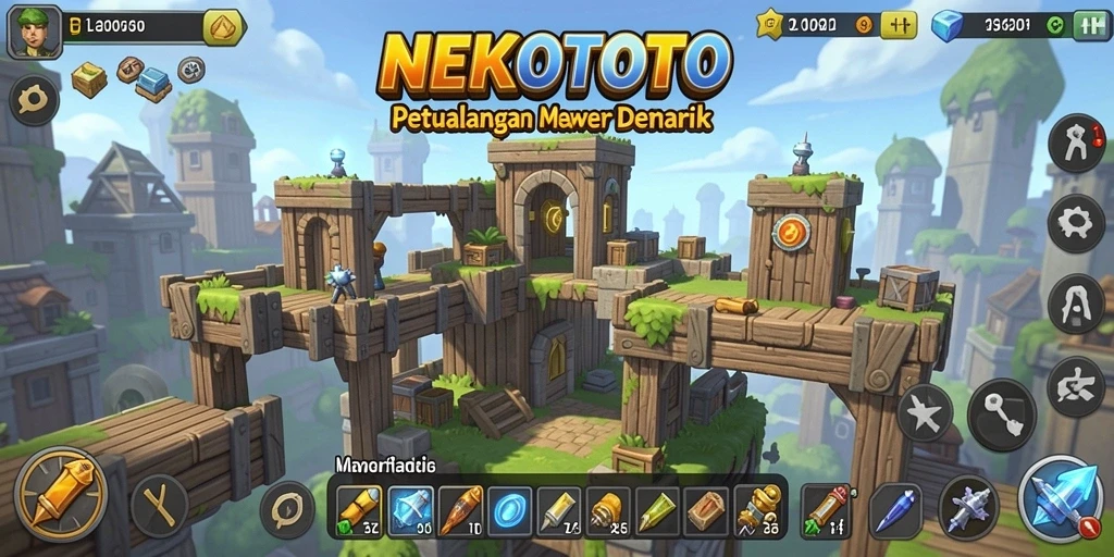 Screenshot gameplay NEKOTOTO menampilkan menara siap bertahan dari serangan musuh.
