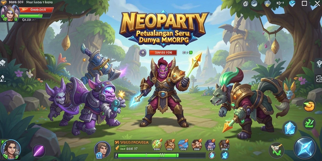 Gameplay NEOPARTY menampilkan pertempuran dinamis di dunia fantasi.