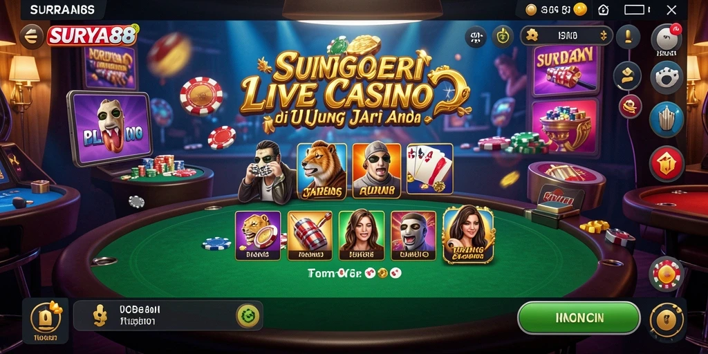 Tangkapan layar gameplay SURYA88 menampilkan dealer langsung dan suasana kasino yang dinamis.